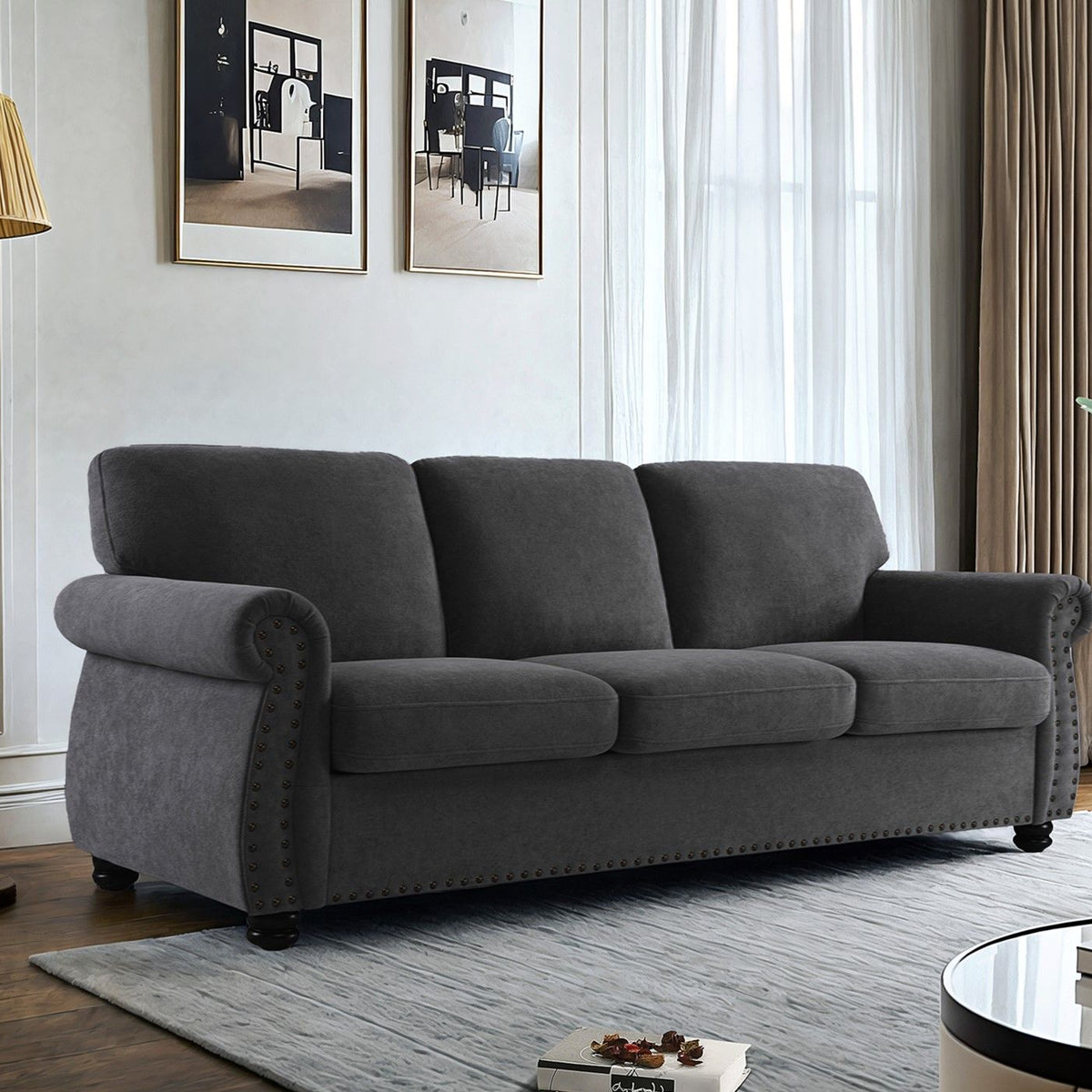 Soft Sofa, Upholstered 3 Seater Couch With High Density Foam, Loose Back Cushions And Turned Legs