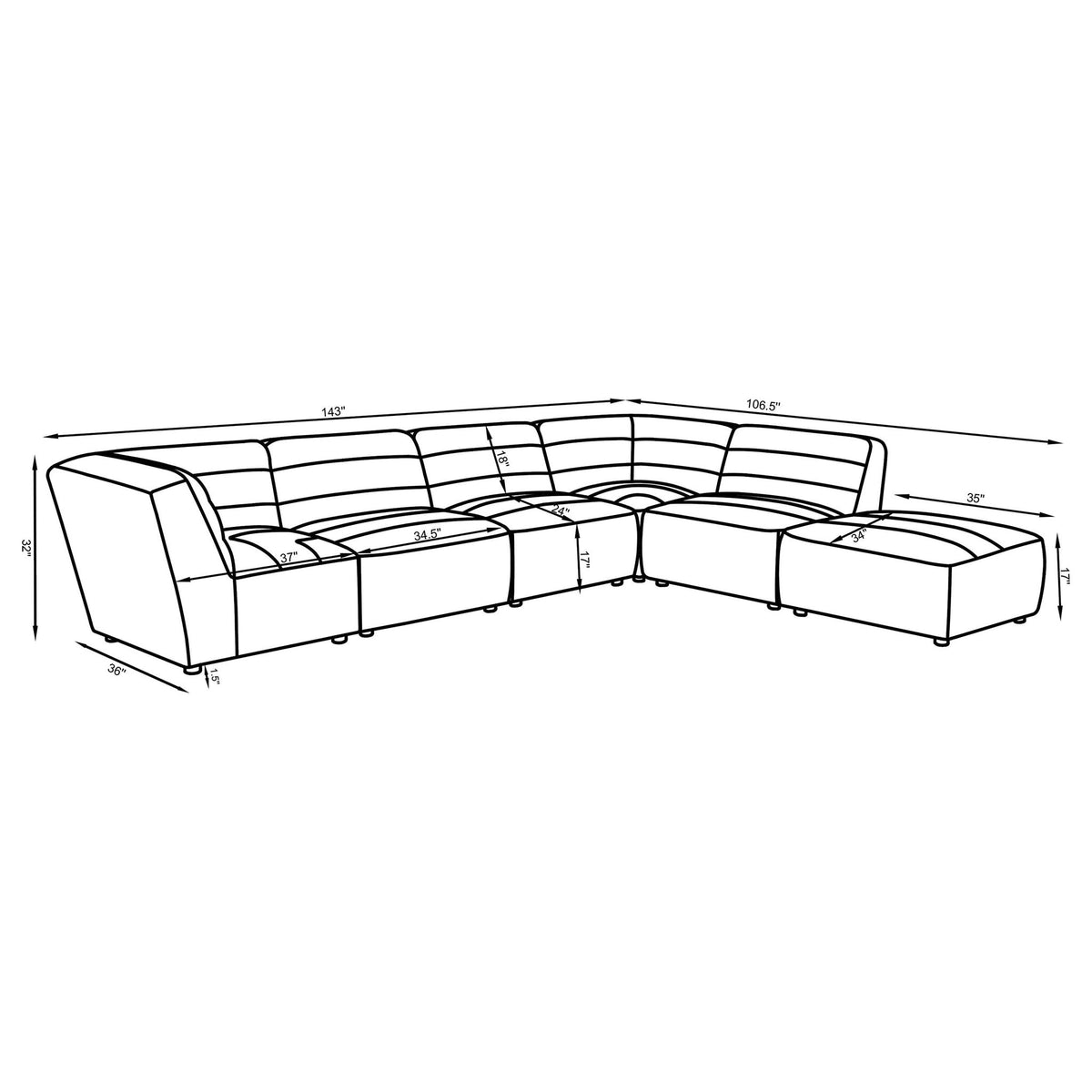 Charcoal modular sectional diagram with measurements and curved corner layout