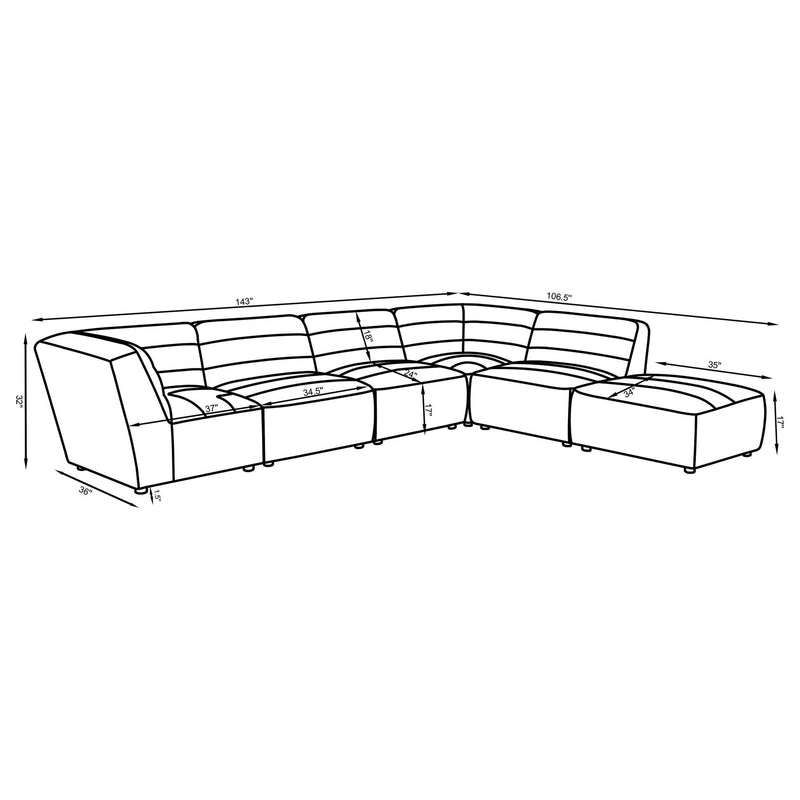 Charcoal modular sectional diagram with measurements and curved corner layout