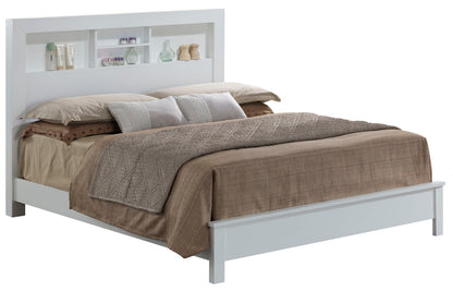 Transitional white bed frame with open shelving headboard and taupe quilted bedding