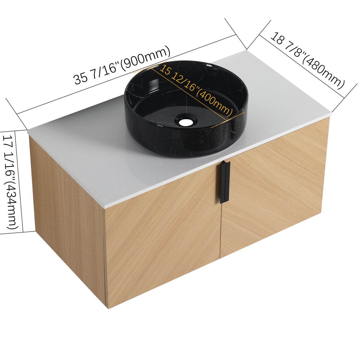 Wall-mounted bathroom vanity with black round vessel sink, light wood cabinet with storage doors