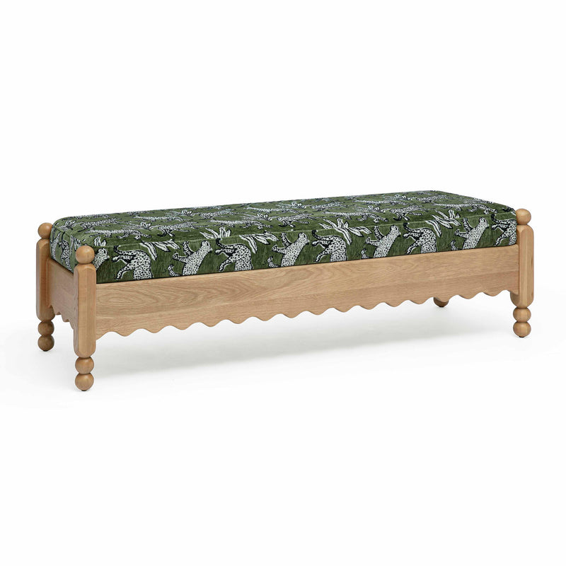 Green leopard jacquard upholstered bench with scalloped skirt and wooden side rails