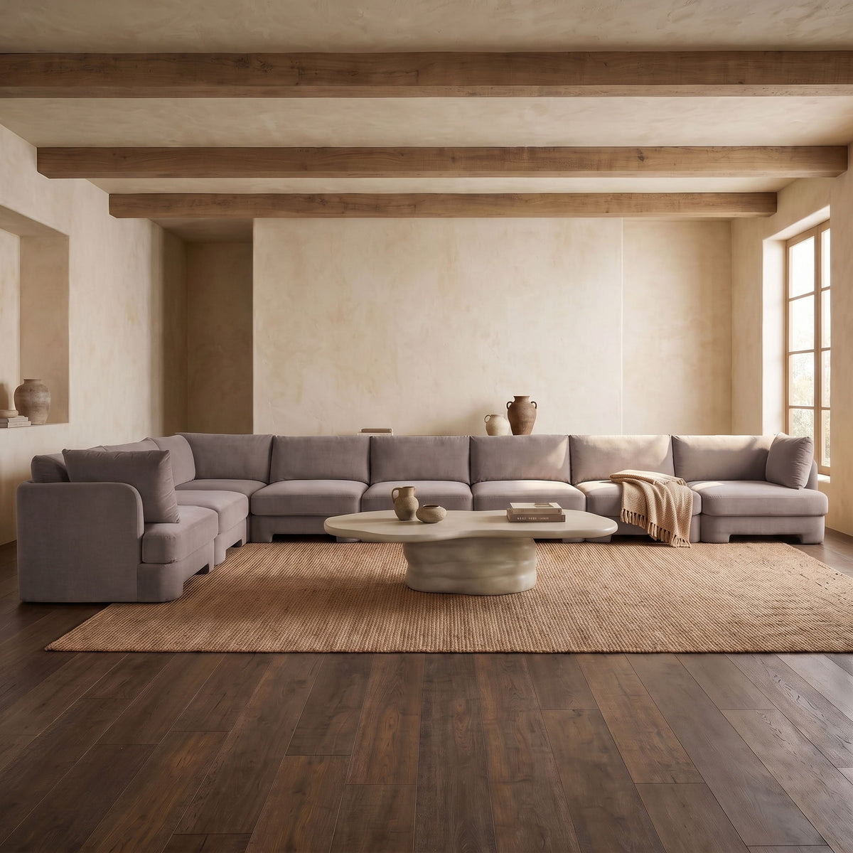 Gray-brown L-shaped velvet sectional sofa with chaise lounge and tufted seat cushions