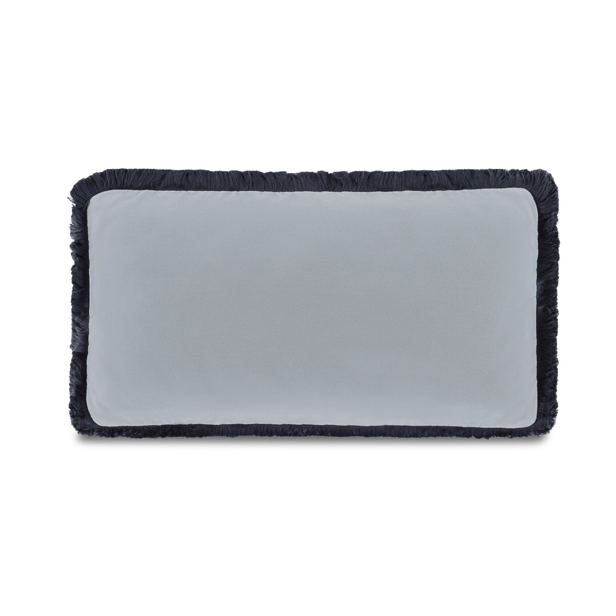 Lumbar faux mohair cushion with light blue front and dark fringed border