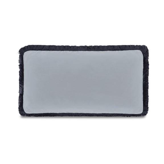 Lumbar faux mohair cushion with light blue front and dark fringed border
