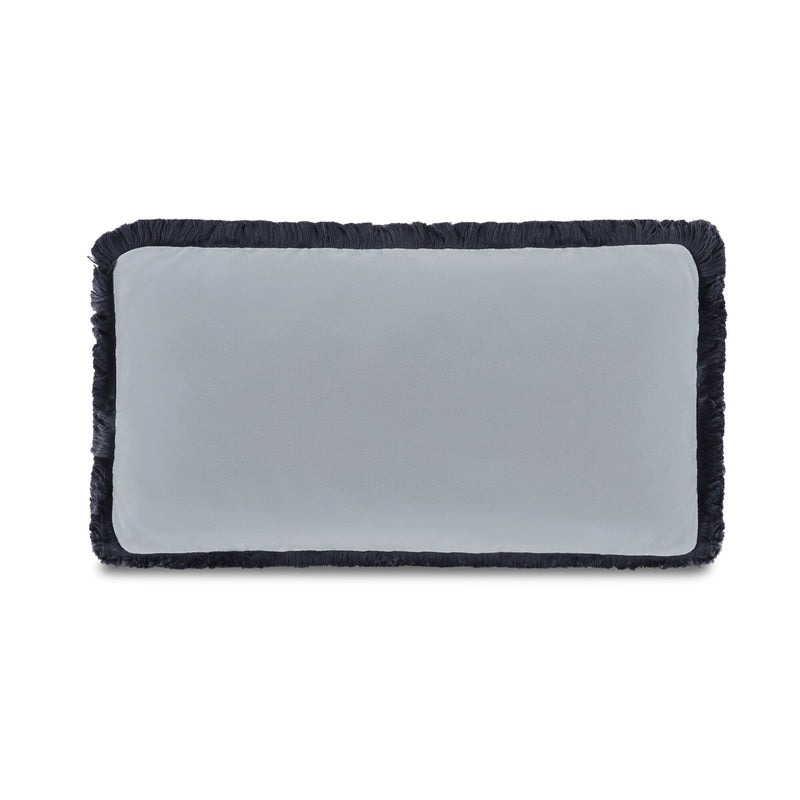 Lumbar faux mohair cushion with light blue front and dark fringed border