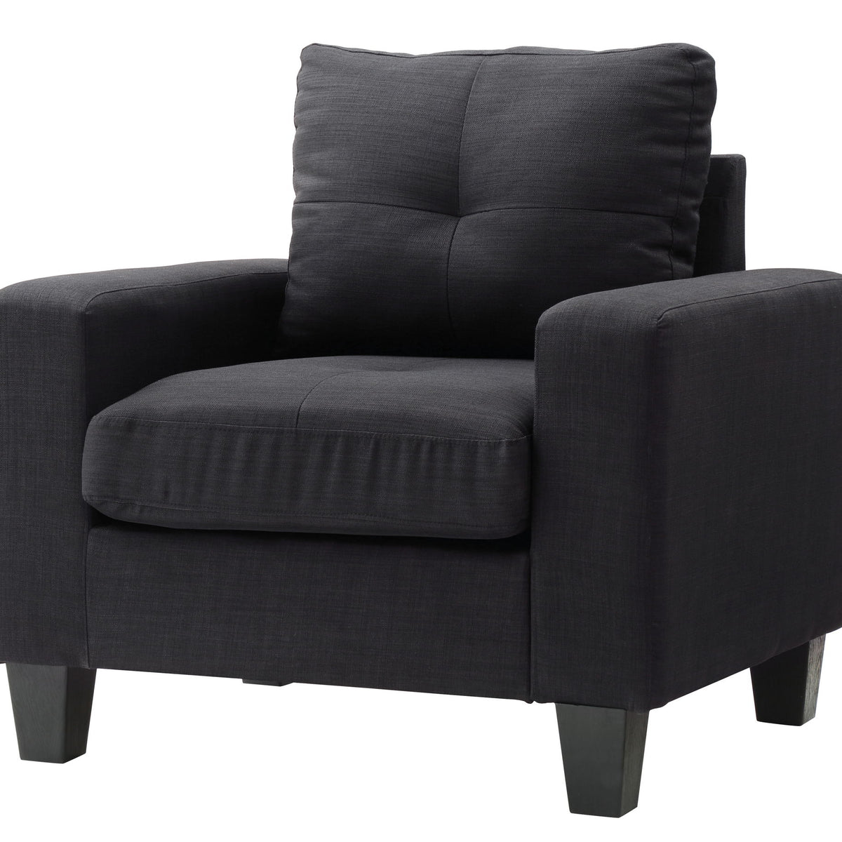 Dark gray upholstered accent chair with high back, padded arms, and thick seat cushion