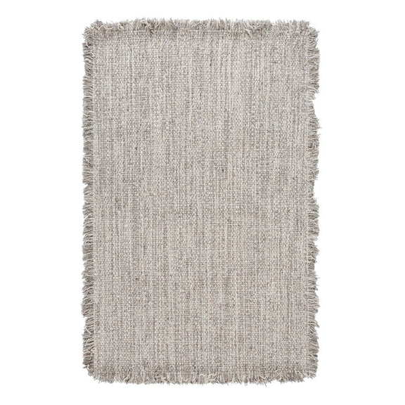 Light beige wool rug with short fringe and fine textured pile.