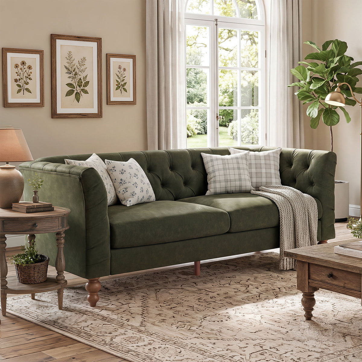 Dark green tufted Chesterfield sofa with flared arms and buttoned back, turned wooden legs