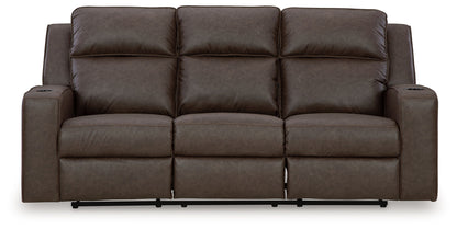 Dark brown reclining sofa with padded armrests and three back cushion sections