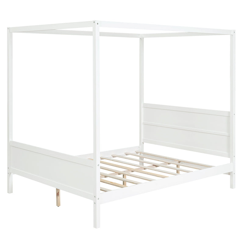 White canopy platform bed frame with canopy top and slatted base