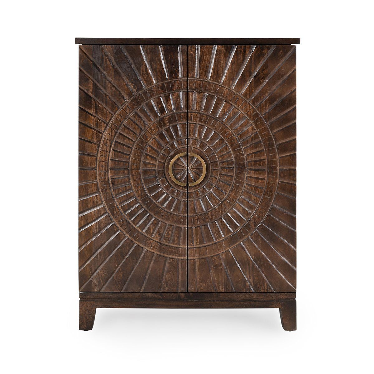 Brown wood bar cabinet with ornate circular carved front and dark trim