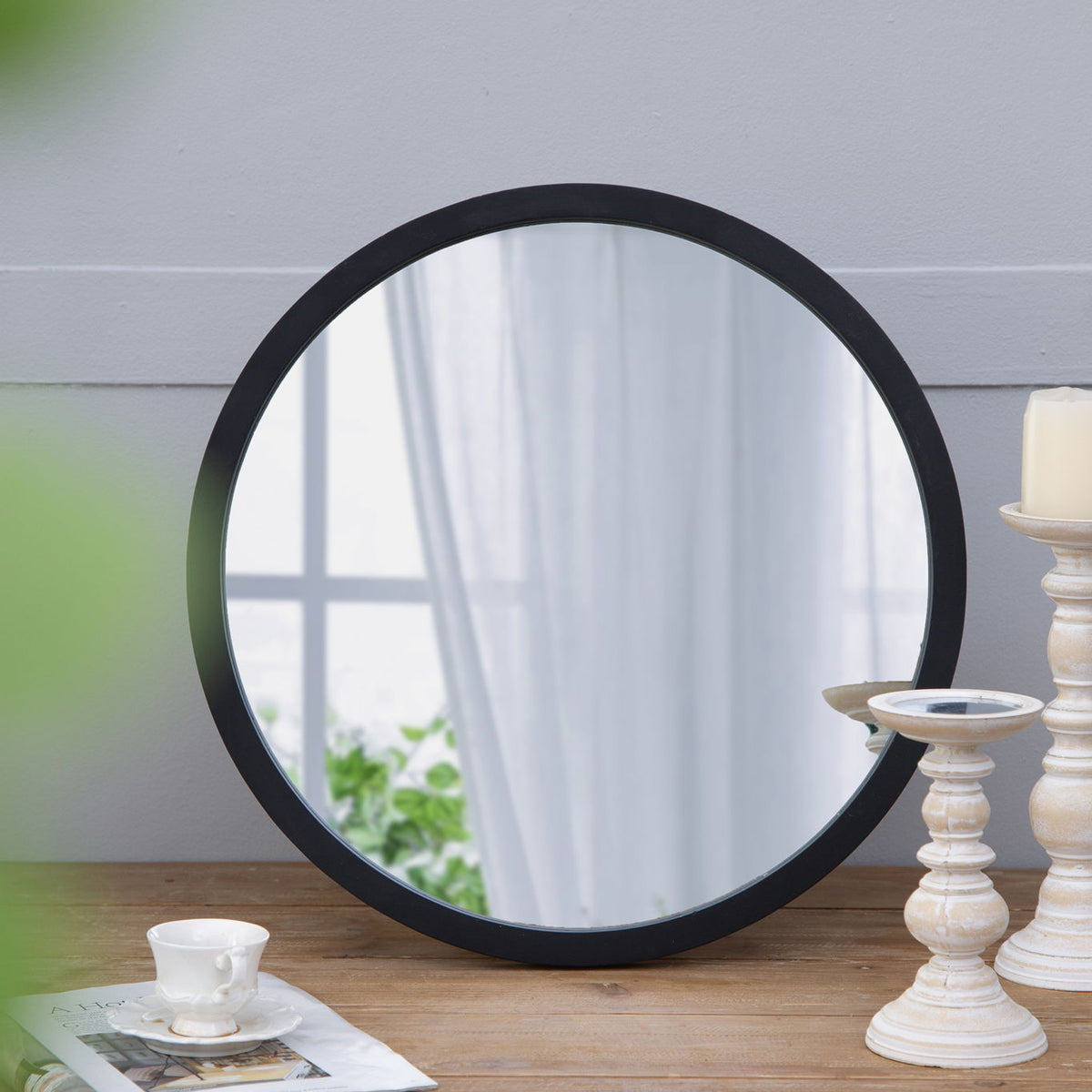 Circle Wall Mirror With Wooden Frame, Wall Mirror For Living Room