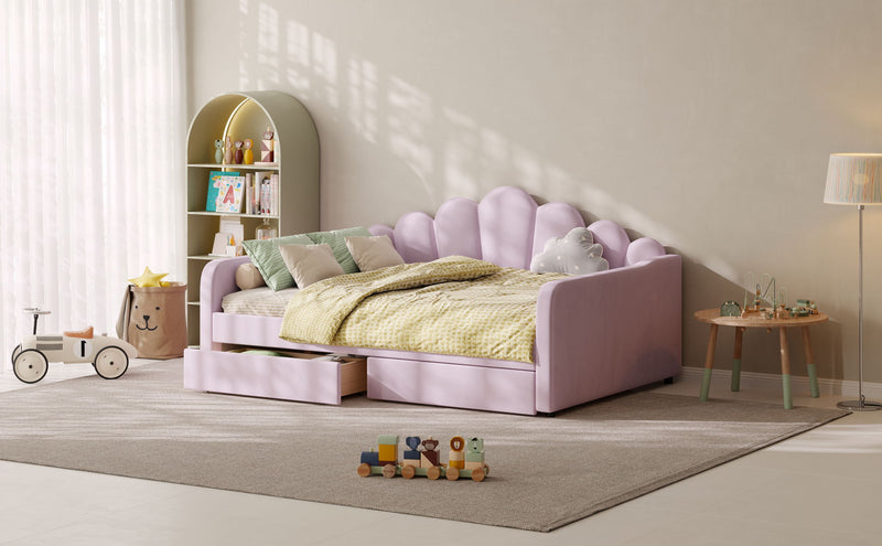 Pink upholstered daybed frame with shell-style headboard and cushioned side panels