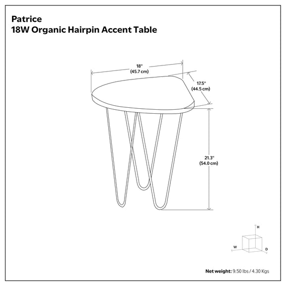 Round accent table diagram showing overall dimensions and base height