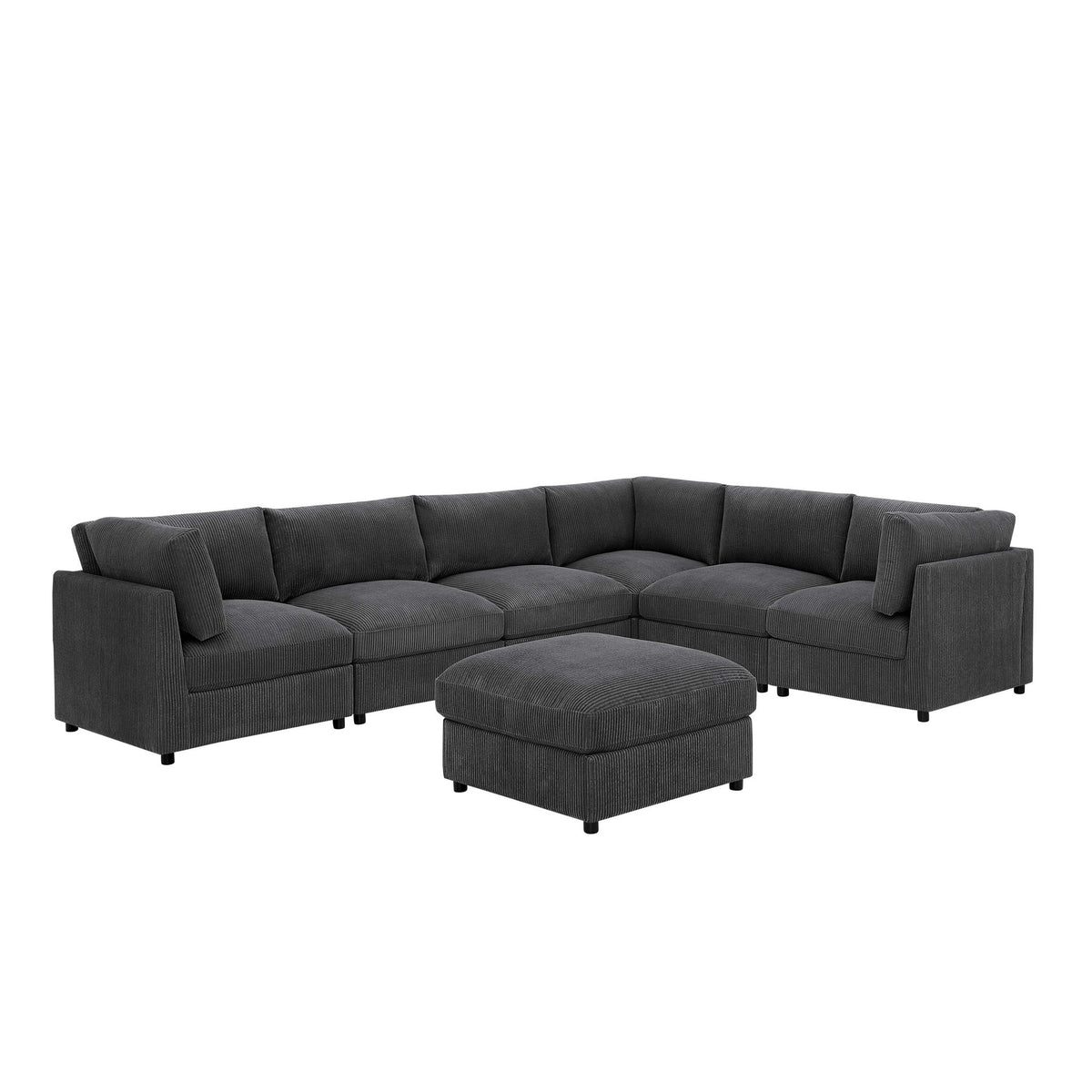 Dark gray modular sectional sofa with ottoman centerpiece, L-shaped chaise configuration