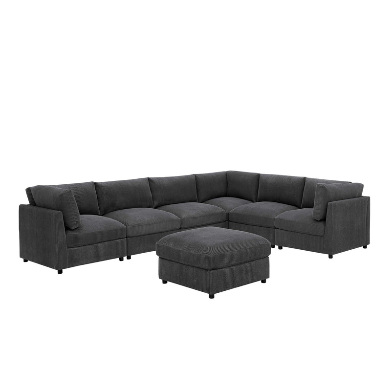 Dark gray modular sectional sofa with ottoman centerpiece, L-shaped chaise configuration