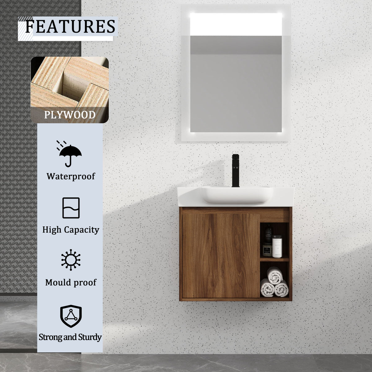 Wall-mounted bathroom vanity with sink, brown wood cabinet with open storage shelf