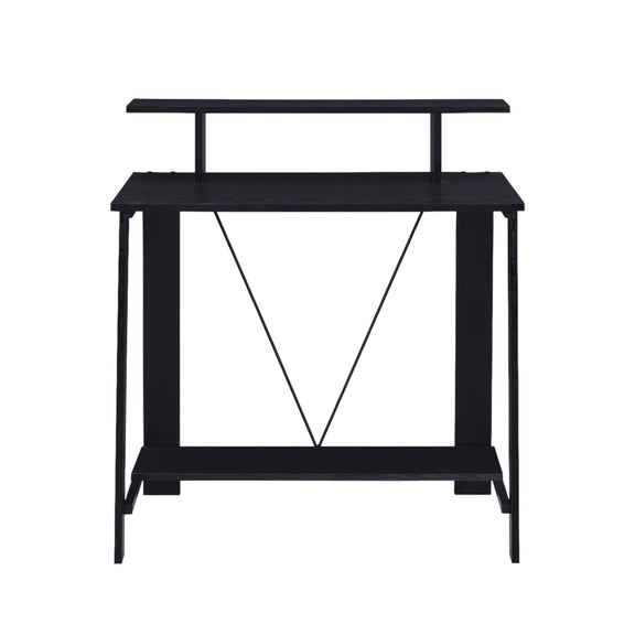 Modern writing desk in dark finish with two tiers and open X-brace support
