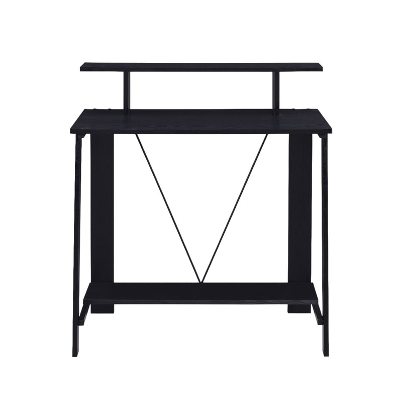 Modern writing desk in dark finish with two tiers and open X-brace support