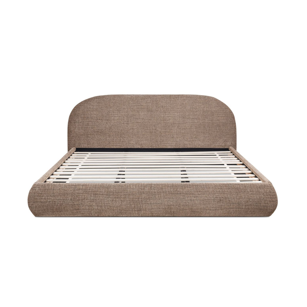Upholstered platform bed in dark brown fabric with rounded headboard and slat support