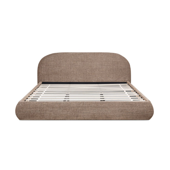 Upholstered platform bed in dark brown fabric with rounded headboard and slat support