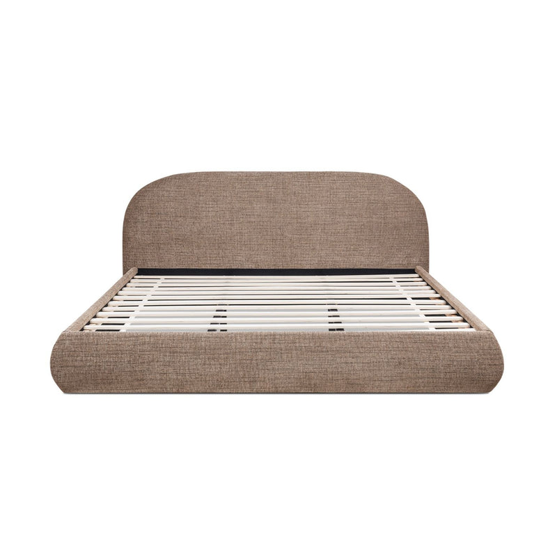 Upholstered platform bed in dark brown fabric with rounded headboard and slat support