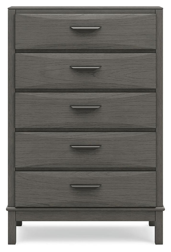 Gray five-drawer chest with five metal bar handles and straight legs