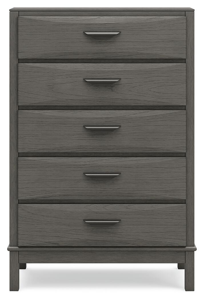 Gray five-drawer chest with five metal bar handles and straight legs
