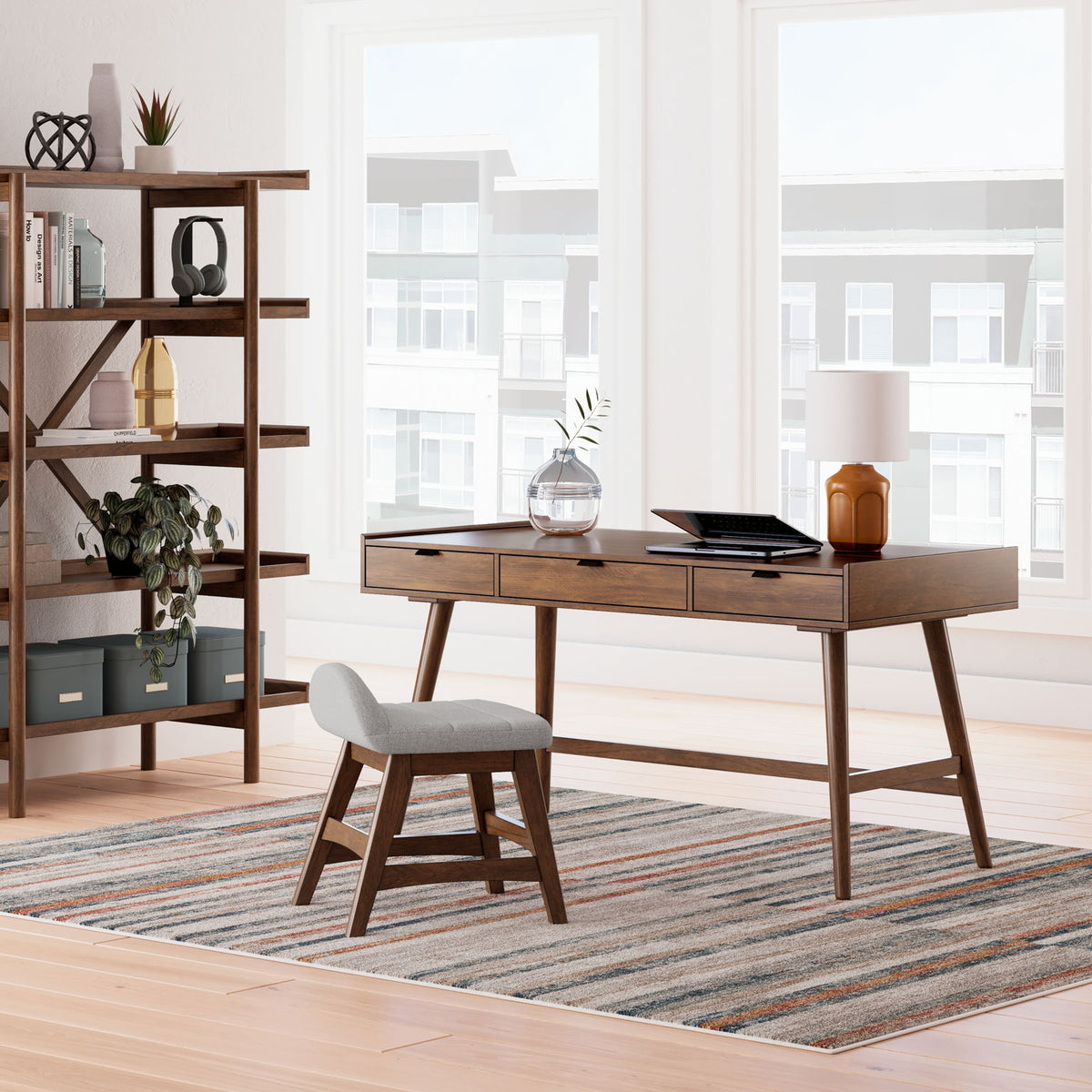 Lyncott - 3 Pc. - Home Office Desk, Chair, Bookcase - Brown