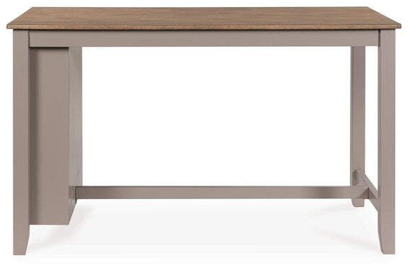 Rectangular dining table with light wood top and gray side shelf panel