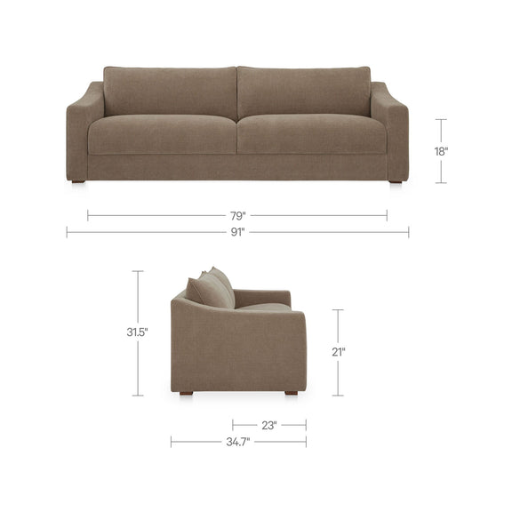 Taupe upholstered sofa with track arms and back cushions; dimensions diagram