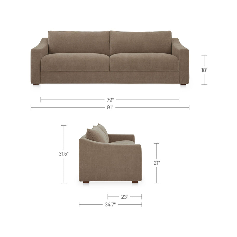 Taupe upholstered sofa with track arms and back cushions; dimensions diagram