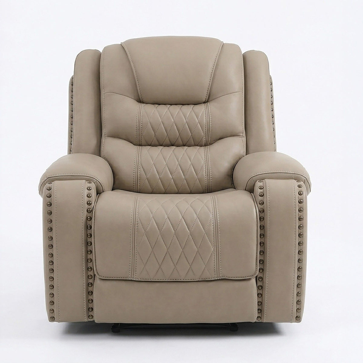 Toffee power recliner single chair with quilted backrest, armrest bolsters, nailhead trim