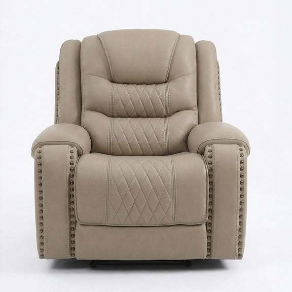 Toffee power recliner single chair with quilted backrest, armrest bolsters, nailhead trim