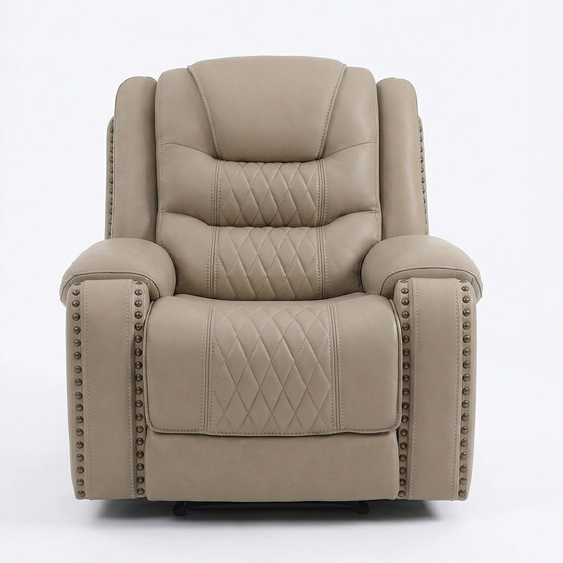 Toffee power recliner single chair with quilted backrest, armrest bolsters, nailhead trim