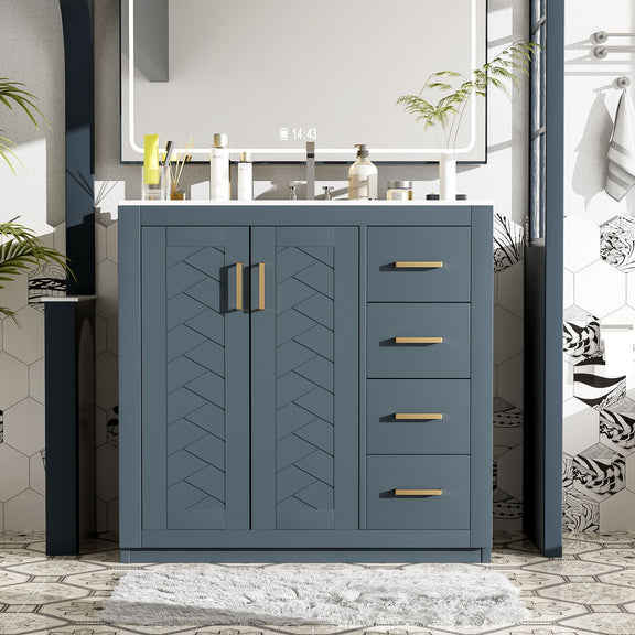 Blue bathroom vanity with two doors, three drawers, and gold bar pulls in a bathroom setup