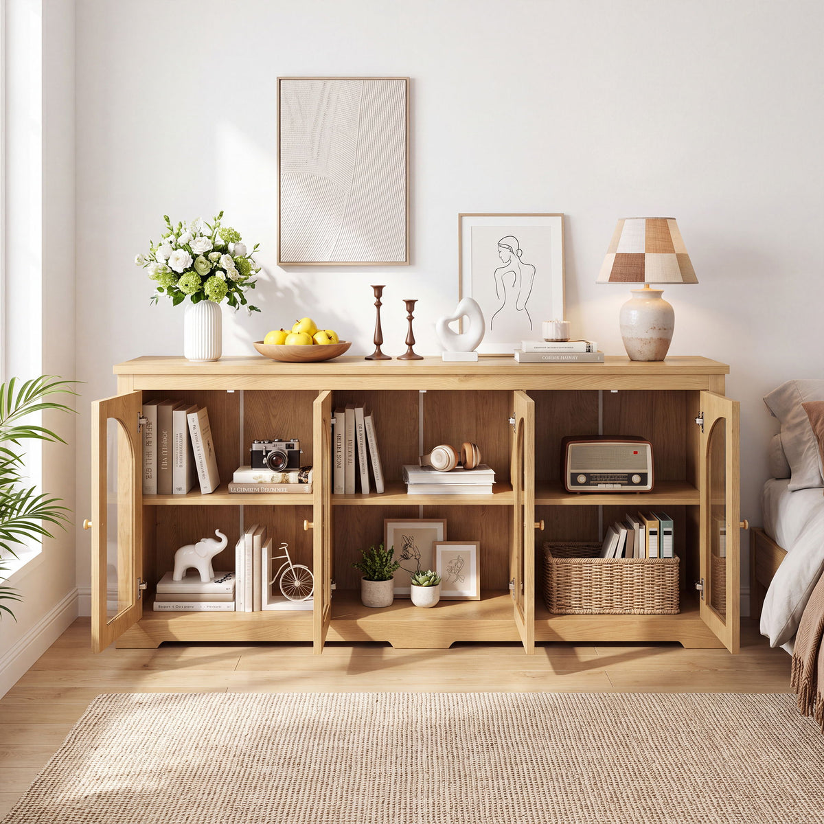 Light brown arched glass sideboard with 6 doors and brass knobs, closed cabinet