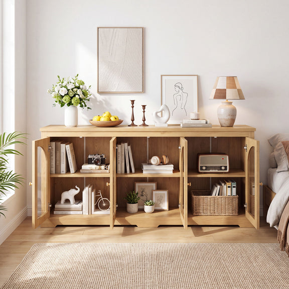Light brown arched glass sideboard with 6 doors and brass knobs, closed cabinet