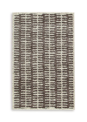 Dark brown and light beige rectangular rug with repeating grid stripe pattern.