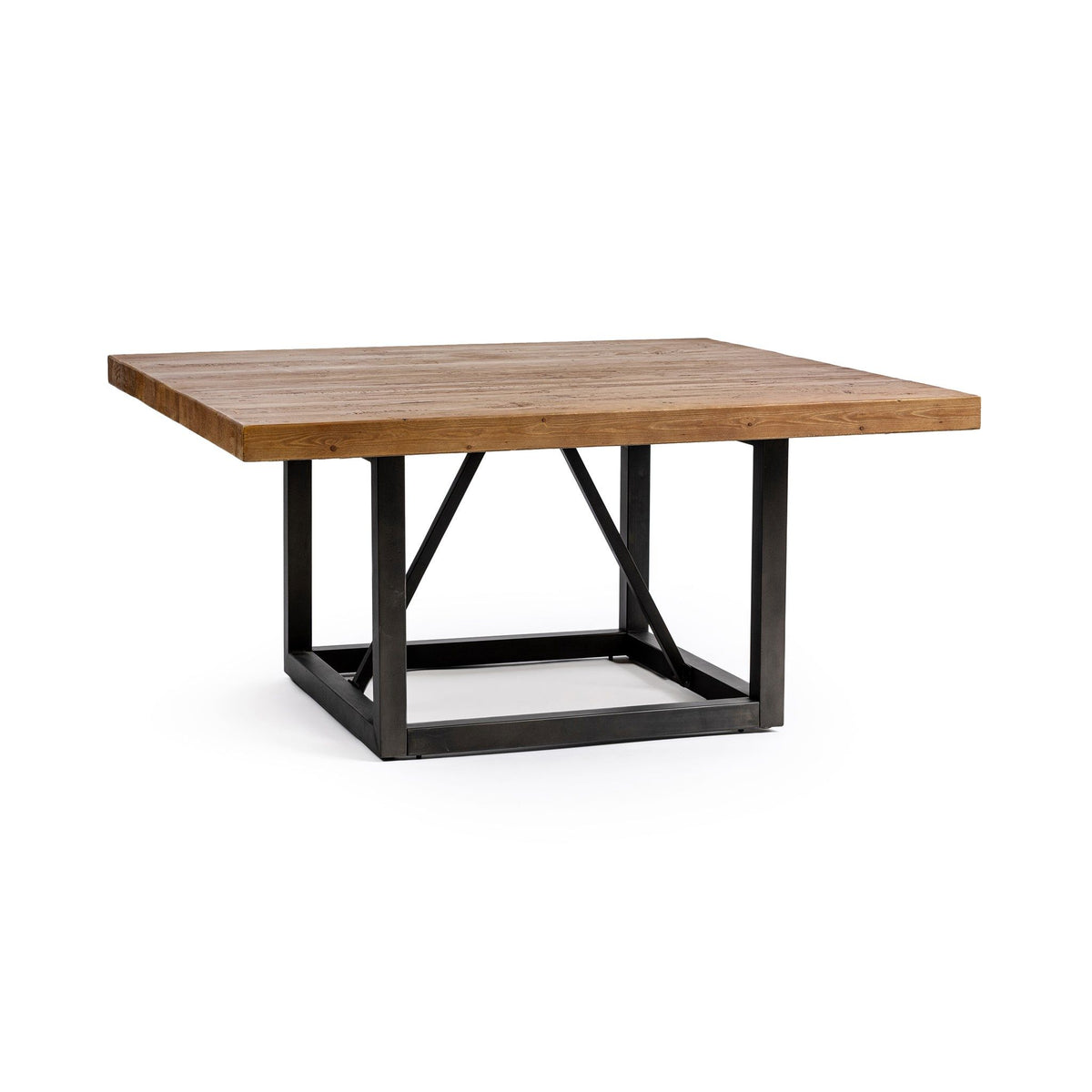 Brown wood dining table with black metal trestle legs and open underside