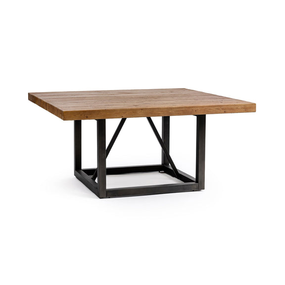 Brown wood dining table with black metal trestle legs and open underside