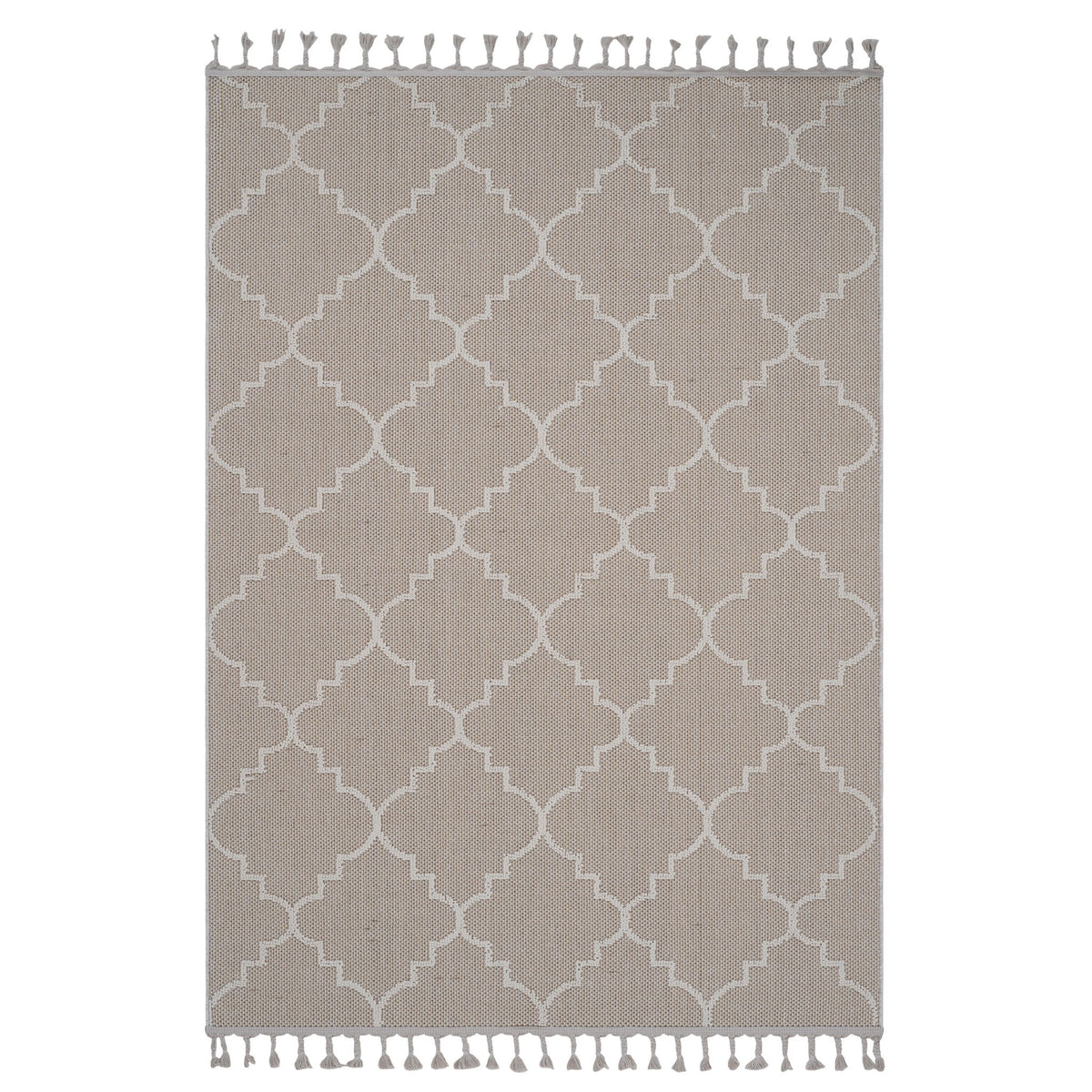 Taupe trellis area rug with white quatrefoil pattern and tassel fringe ends.