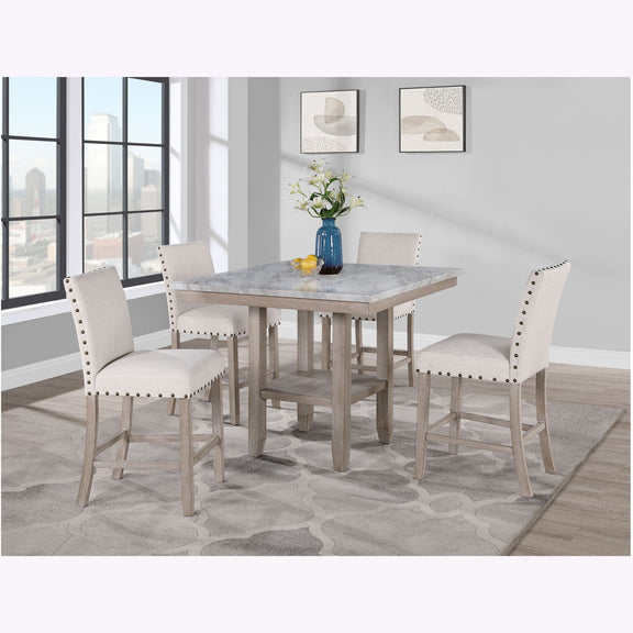 Natural wood bar table with two upholstered bar stools in a dining setup