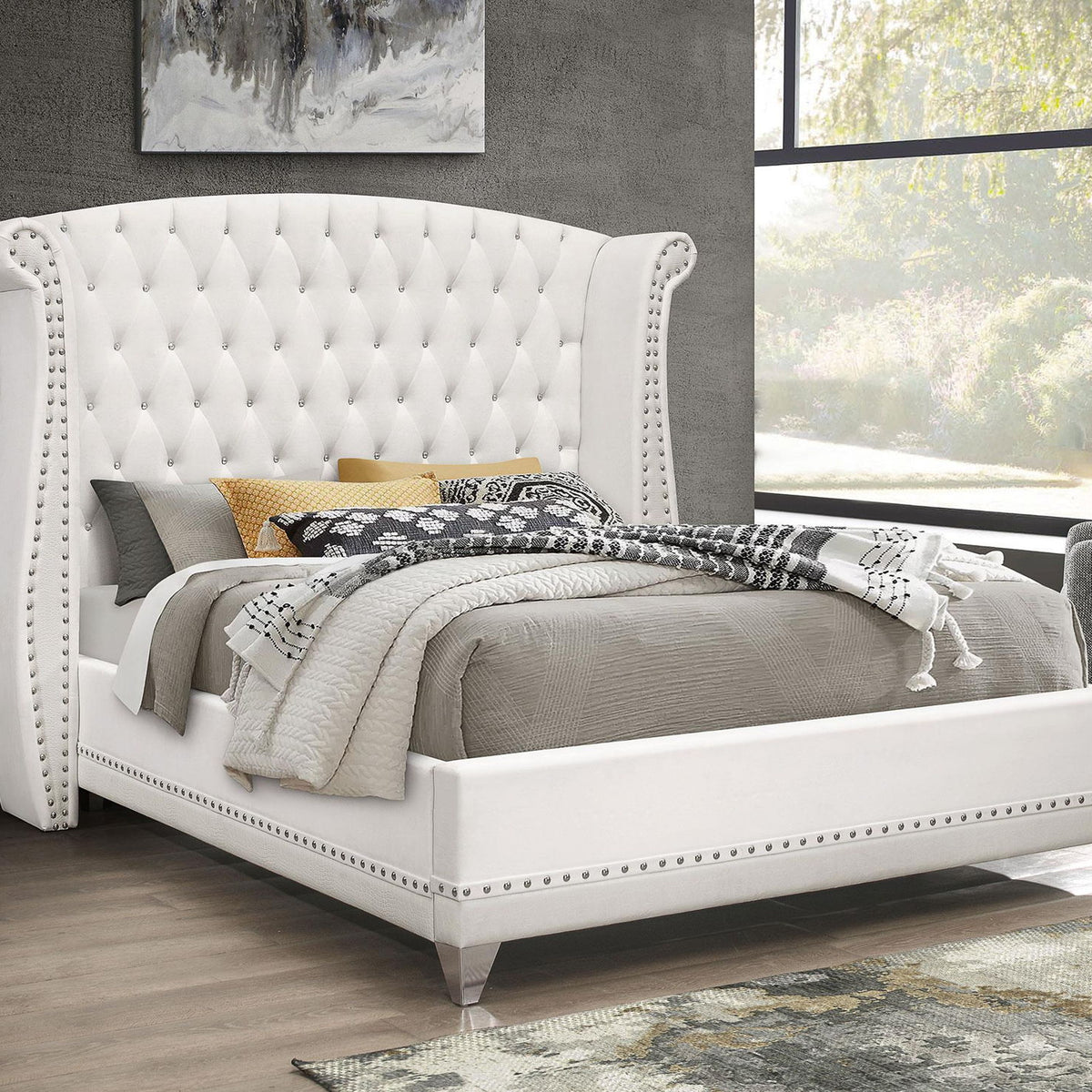 Barzini Upholstered Eastern King Wingback Bed White