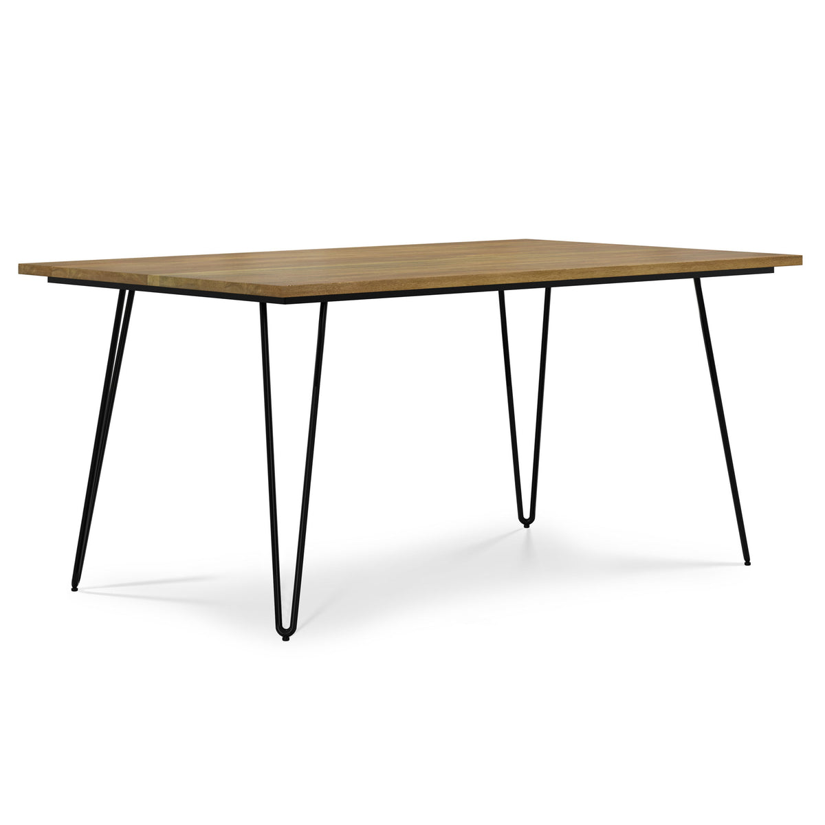 Light brown handcrafted rectangular dining table with black metal tapered legs