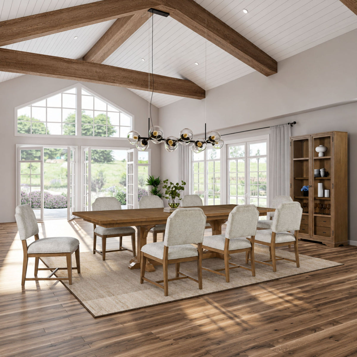 Almond tall display cabinet with glass doors and shelves, dining room view.