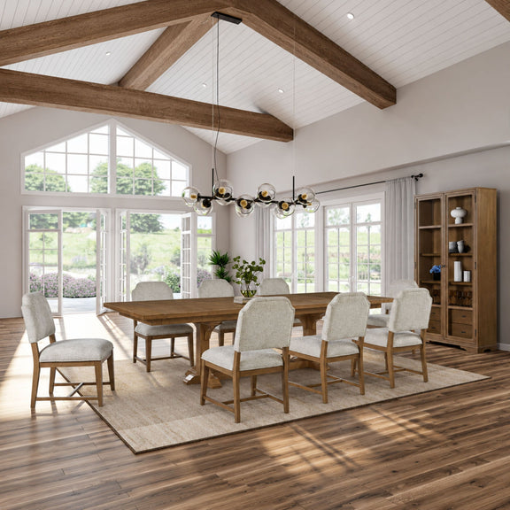 Almond tall display cabinet with glass doors and shelves, dining room view.