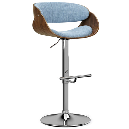 Adjustable swivel bar stool with light blue upholstered seat and chrome base