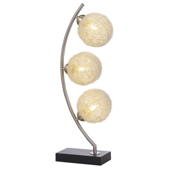 Black base table lamp with curved metal stand and three gold LED globe bulbs